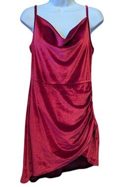 Double Crazy Burgundy Velvet Cowl Neck Ruched Asymmetrical Mini Dress Size Large